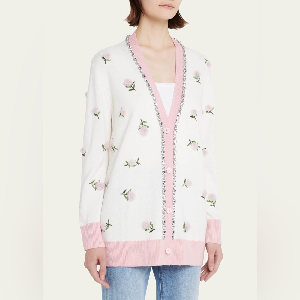 NWT $695 Alice Olivia Bradford Crystal Embellished Rose Cardigan Sweater S